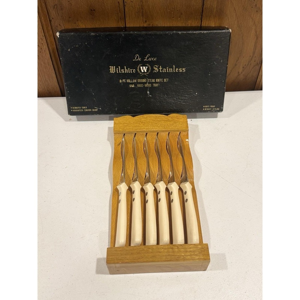 Vtg Japan Stainless Steel Steak Knife Set Of 6 W/ Wood Storage Tray & Box